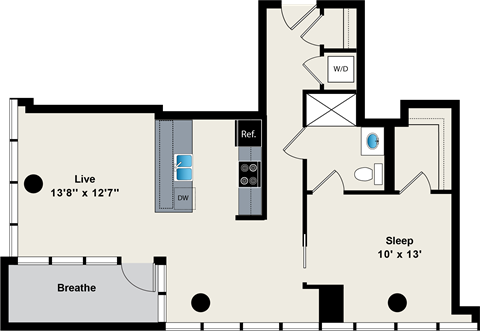 Floor plan for 1 bed, 1 bath, 814 sqft